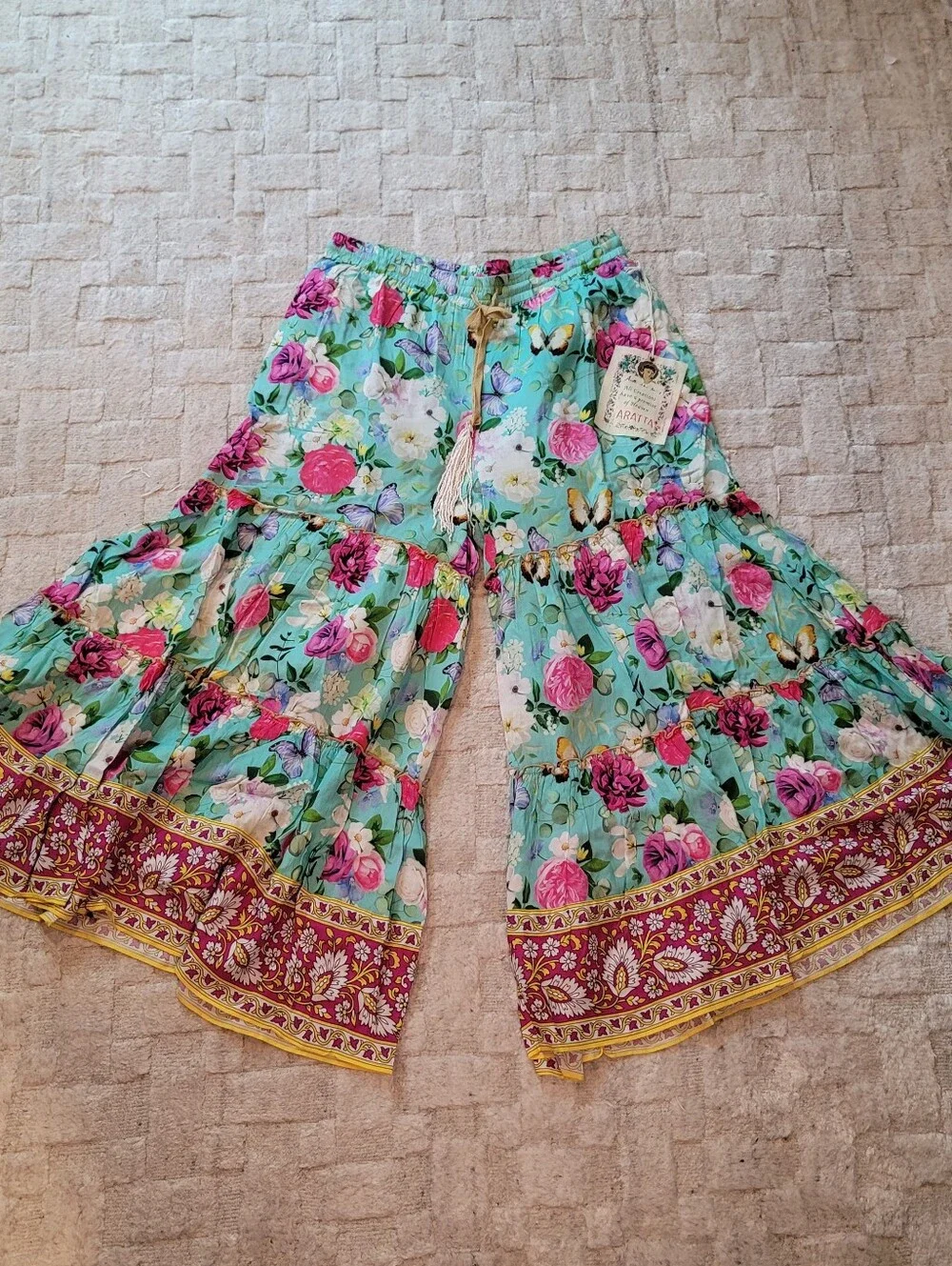 NWT ARATTA Serenity Springs Flare Pants Teal Floral Boho Vibrant Women's Size L - Picture 7 of 15